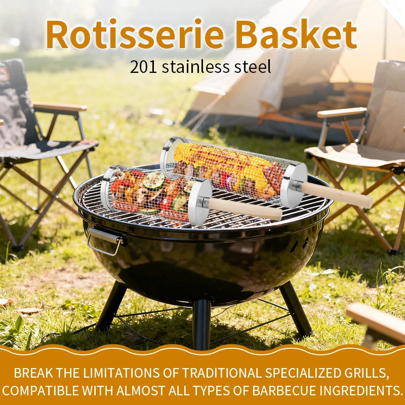 Rolling Grill Baskets for Outdoor Grill,  Basket with Removable Wooden Handle, Camping Picnic BBQ Accessories Tools for Grilling