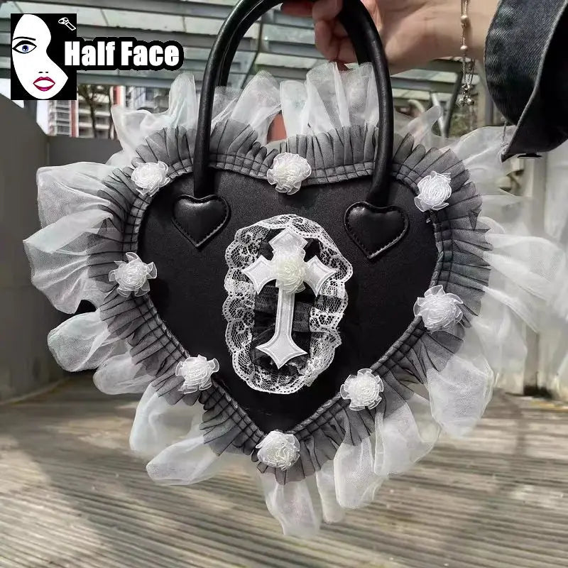 Y2K Girls Harajuku Womens Gothic Steam Punk One Shoulder Subculture Underarm Black Lolita Pearl Chain Design Crossbody Bags Tote