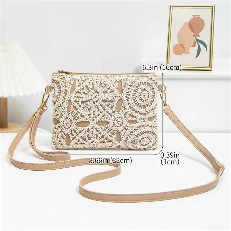 1PCS Simple Versatile Crossbody Crochet Bag, New Woven Bag, Zipper Closure, Retro Casual Beach Flower Women's Bags