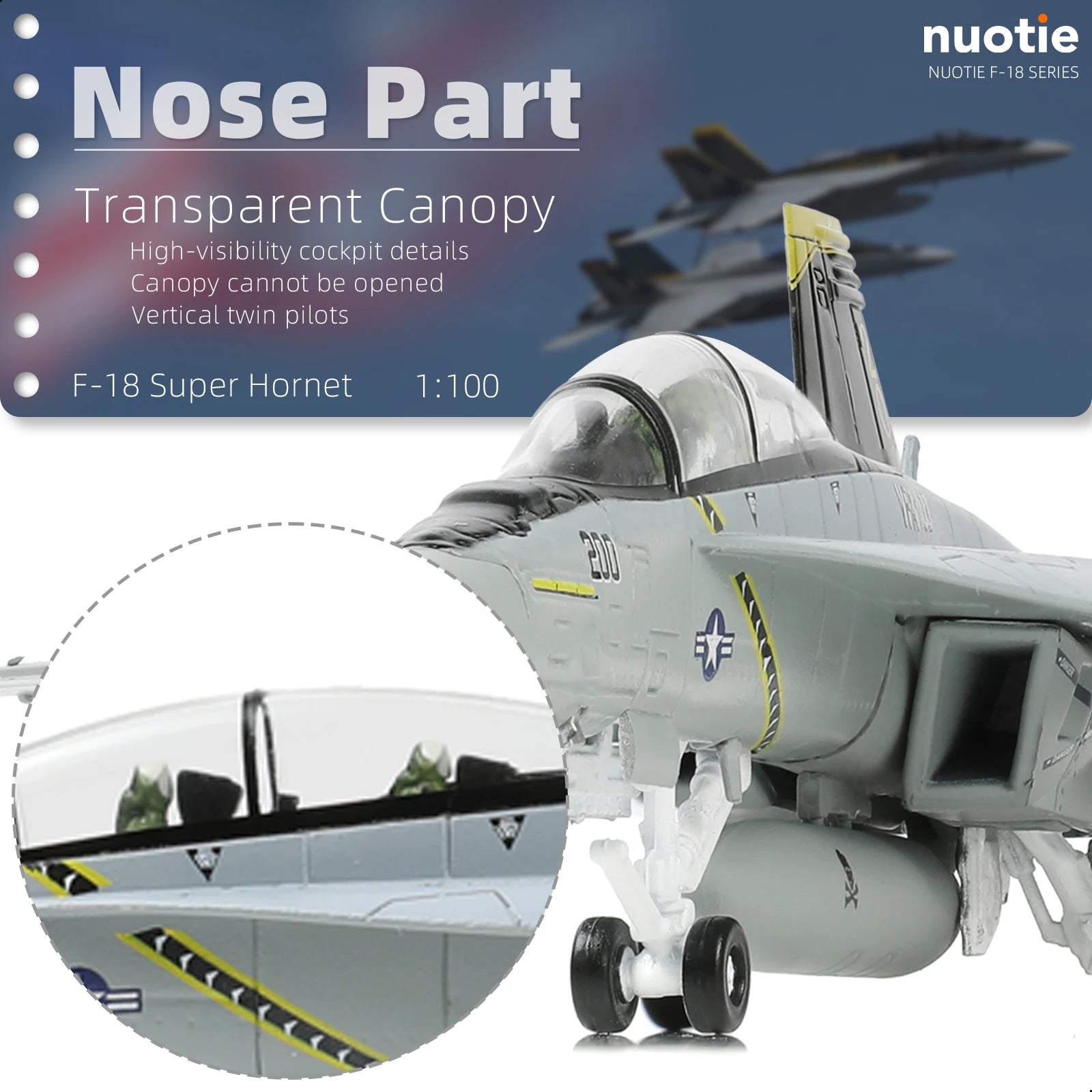 NUOTIE 1/100 F/A-18 Super Hornet Diecast Metal Fighter Jet Model Kits Pre-Build Replica 1943-2018 Jolly Roger Livery Military