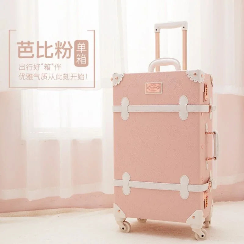 20 "22" 24 "26  Retro Travel Suitcase PU Leather Luggage Set With Wheels Rolling Trolley Case Pink Big Capacity Portable Valise