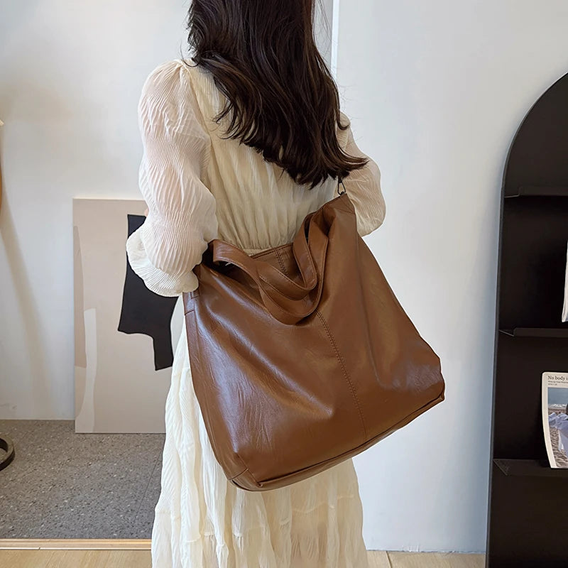 LEFTSIDE Fashion Big Leather Tote Bag for Women 2025 Tend Females Simple Large High Capacity Retro Shoulder Side Bag Handbags
