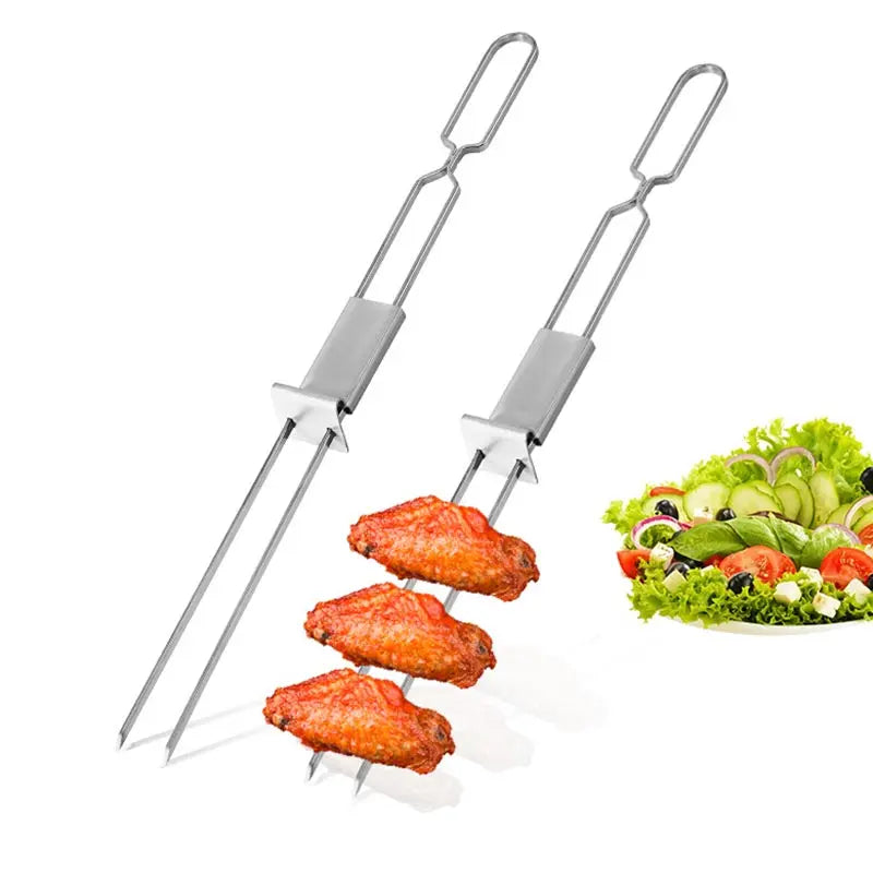 2-6PCS Semi-automatic Barbecue Fork BBQ Tools Outdoor Portable Camping Picnic 2-Head BBQ Fork Equipment Metal Skewers Forks