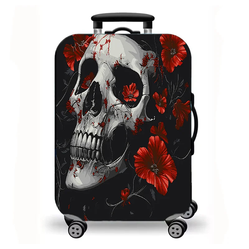Luggage Cover, Gothic Skull Rose Print Stretch Suitcase Protector, Dark Halloween Horror Art Design for Travel