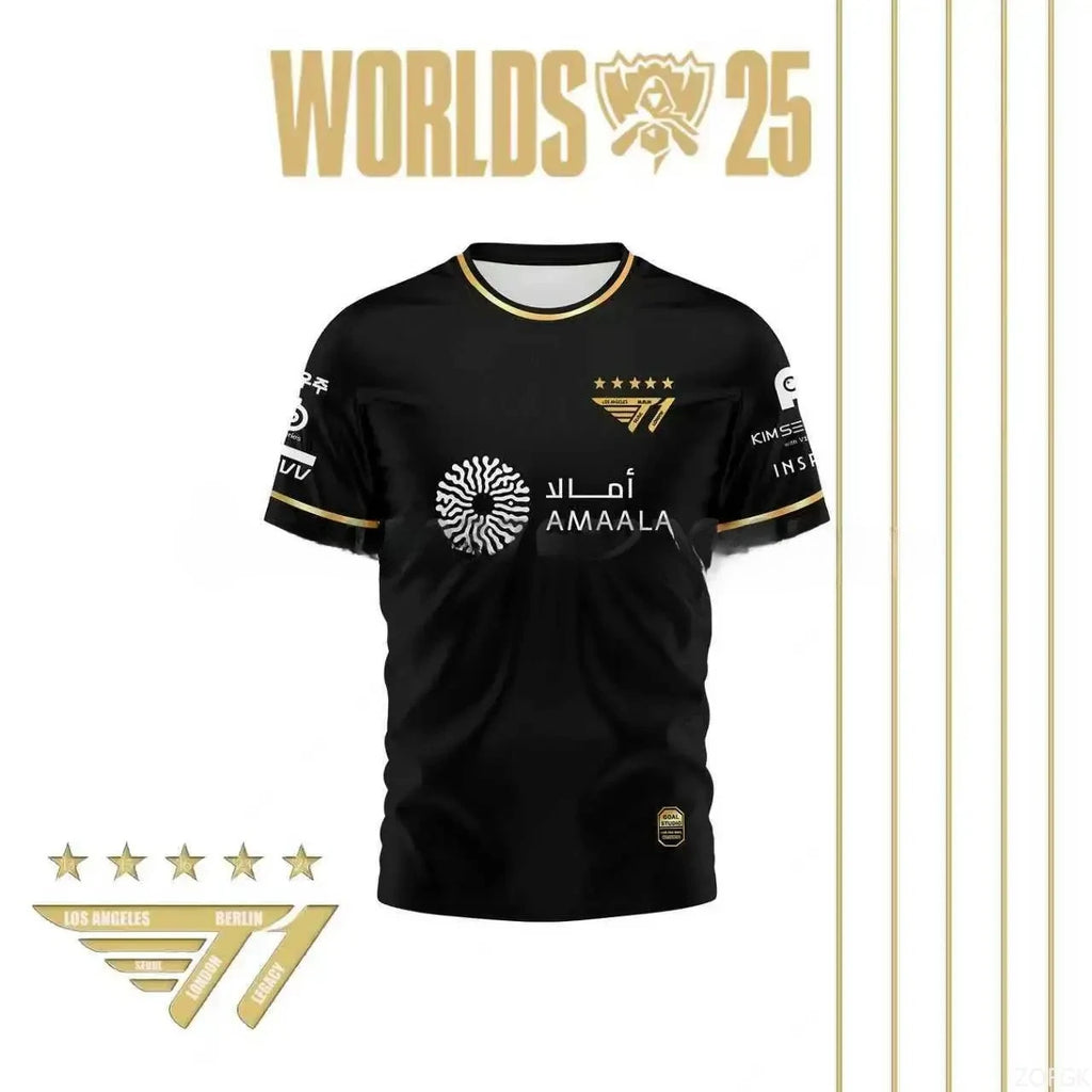 Faker Jersey League of Legends 2025 World Champion All-black Team Jersey T-shirt Lol Esports Lck T1 Team Large  Top