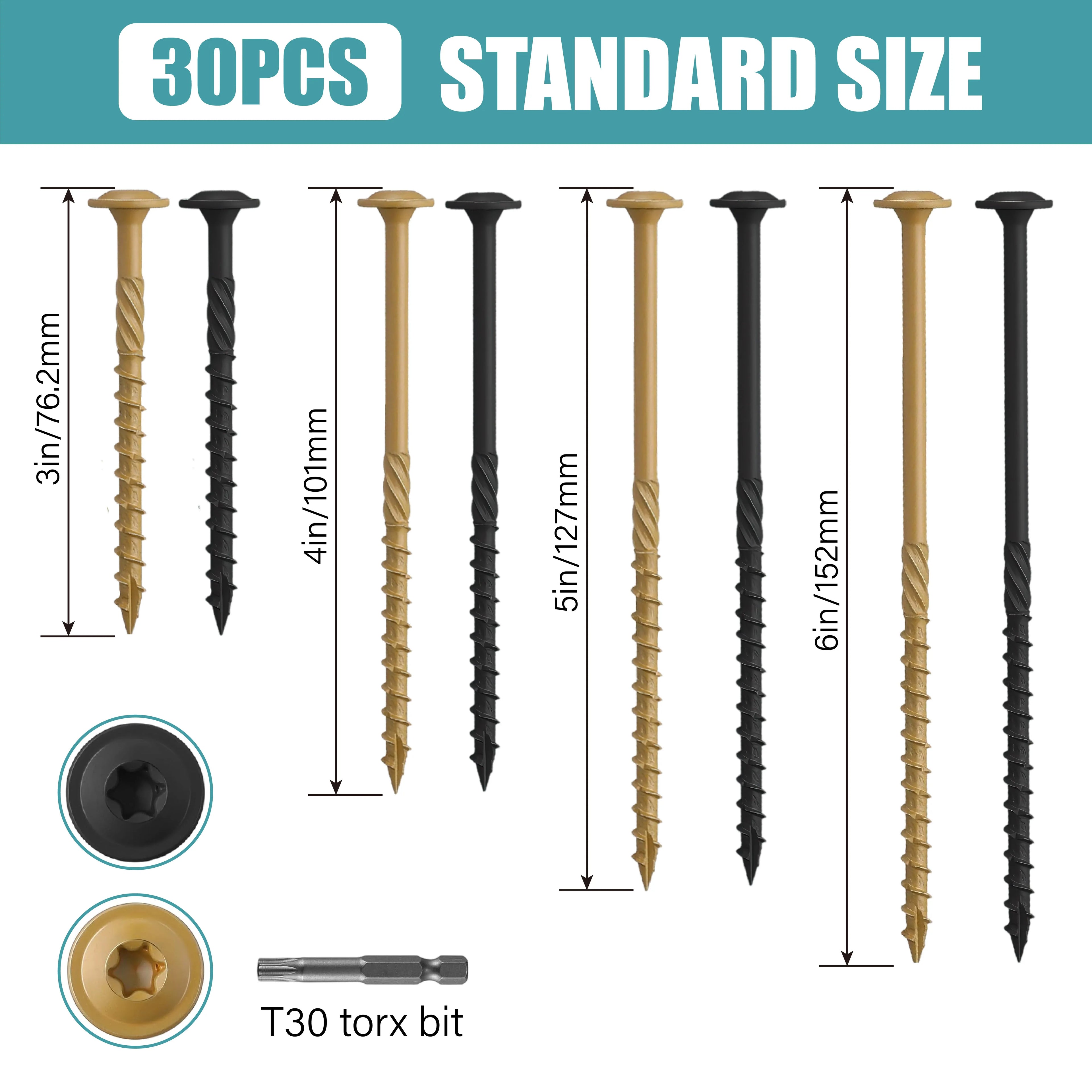 30pcs Heavy Duty Lag Screws - #14×3/4/5/6inch targe Wood Structural Screws with Oxide Coating, With 1pcs Star Drive bit & Self-Locking, Full Thread for Lumber, Black/Yellow,  Ideal for Outdoor, Home And Industrial