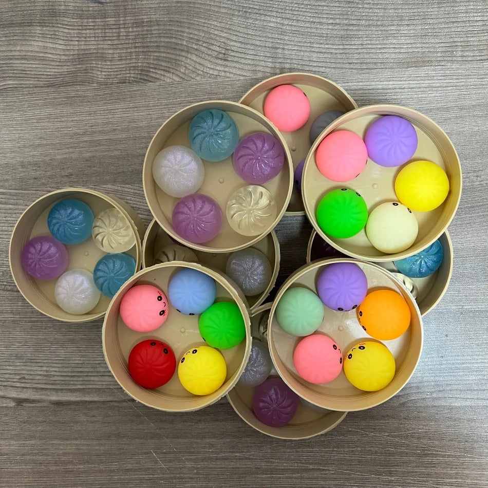 5Pcs Mini Dumplings With Steamer Bun Squeezable Toys Set Soft Stress Relief Crystal Squishy Fidget Sensory Toy Party Favors Gift
