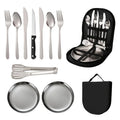 Steel Picnic BBQ Cutlery 8Pcs, Knife Fork Spoon Plate Serrated Knife Opener BBQ Tongs, Mesh Bag, Beach Camping