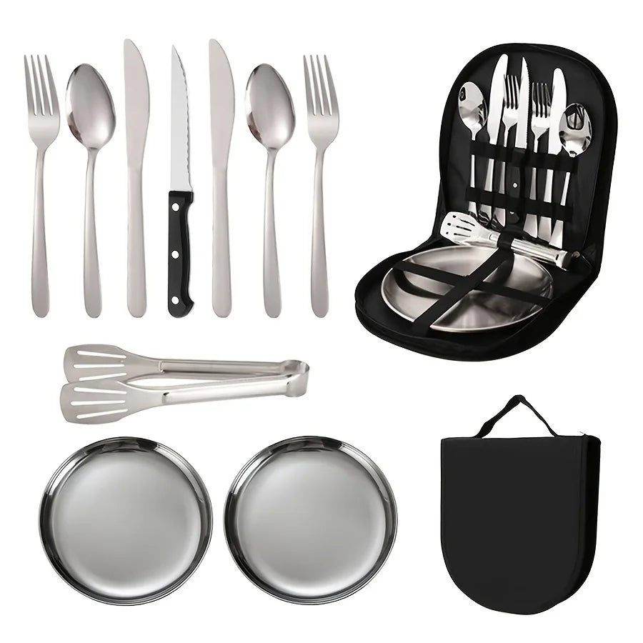 Steel Picnic BBQ Cutlery 8Pcs, Knife Fork Spoon Plate Serrated Knife Opener BBQ Tongs, Mesh Bag, Beach Camping
