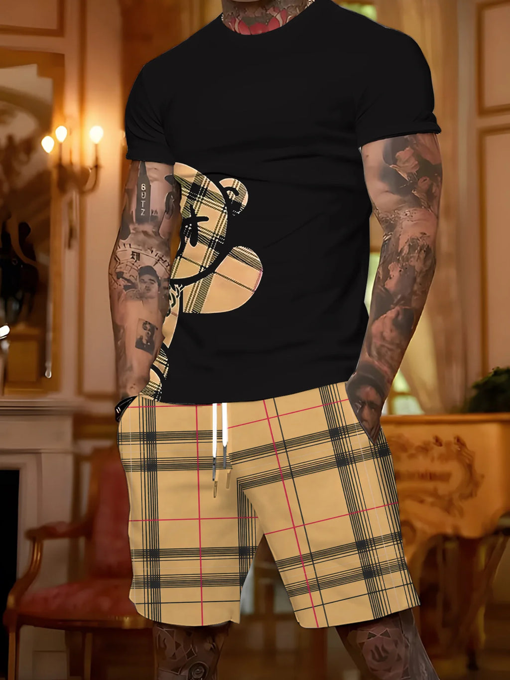 2026 Summer New Men's Short-Sleeved Shorts Set for Street Casual Fashion Comfortable Soft Breathable with 3D Bear Pattern Print