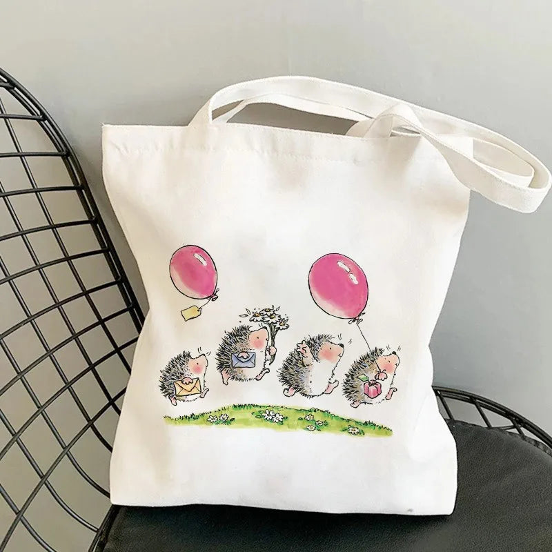 Cute Hedgehog Pattern Canvas Tote Bag With Adorable Heart Mushroom Balloon DesignsStylish Versatile Shoulder Bag For Daily Use