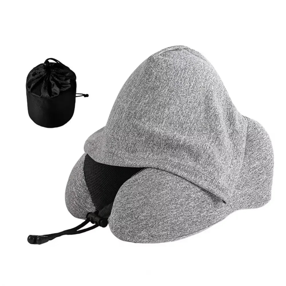 Removable Travel Neck Pillow Adjustable with Storage Bag Hooded Pillow Comfortable Soft Support U-shaped Pillow with Cap