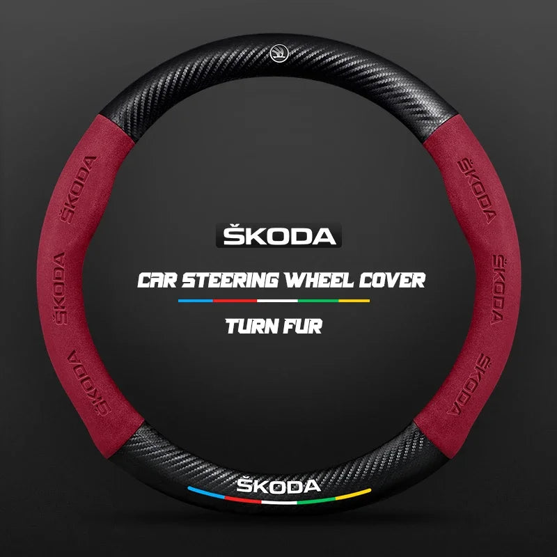 38CM suitable for Skoda Octavia Rapid Kodiaq Kamiq KAROQ carbon fiber suede car steering wheel cover accessories