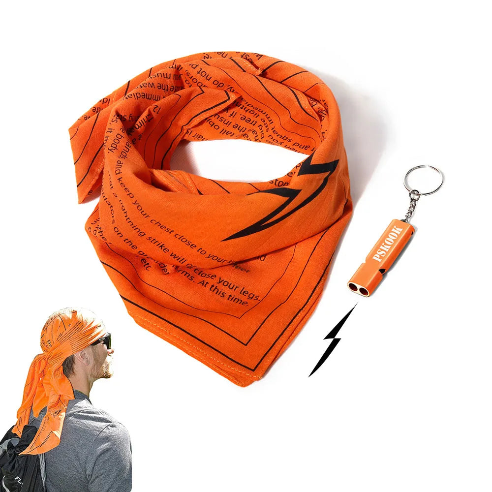 Survival Bandana with Survival Whistle, Easy to Read Tips and High Vis Orange Emergency Kit for Camping, Hiking, Emergency