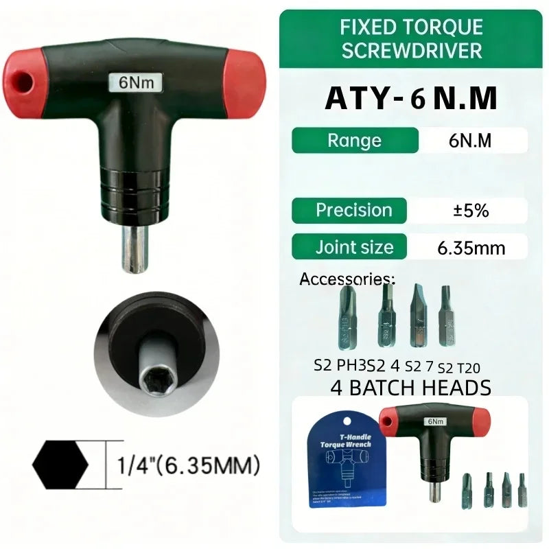 1-6Nm T-Handle Preset Torque Wrench Screwdriver Tool Compatible with Standard 1/4" Hex Bits 2Nm 4Nm 6Nm Safe and Fast Hex