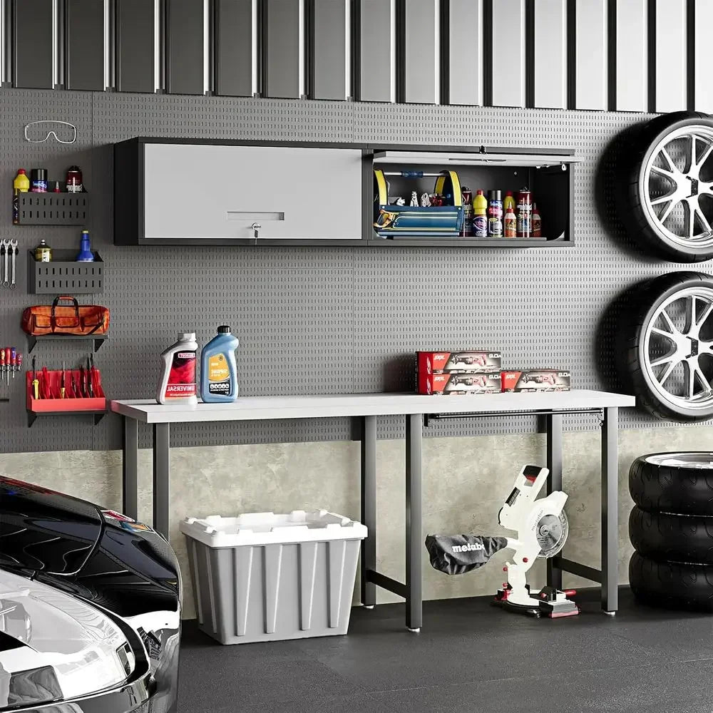 White Heavy-Duty Wall-Mounted Metal Garage Storage Cabinet with Floating Shelves for Tools and Workshop Use