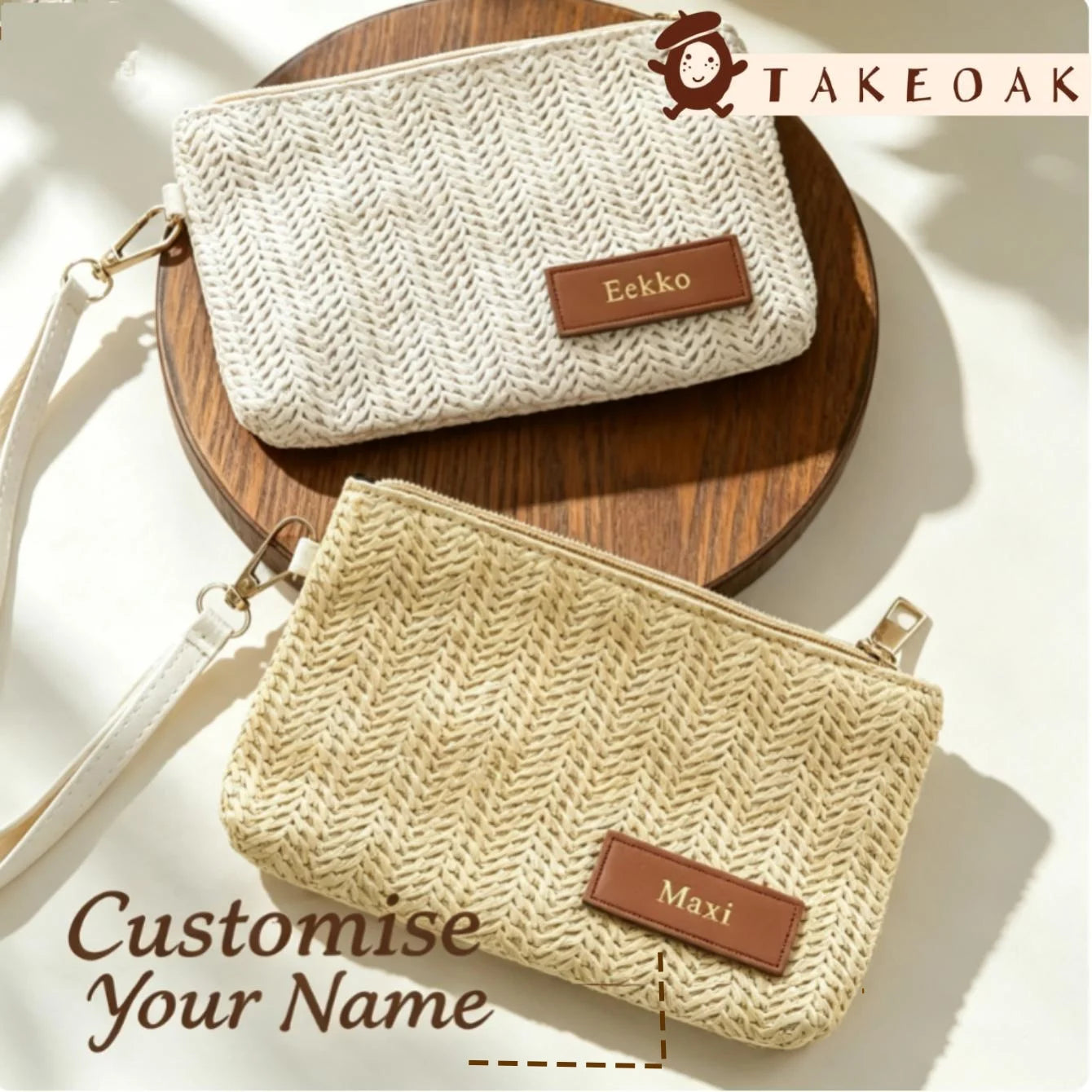 Custom Embossed Name Leather Label Straw Wristlet Clutch Bag Handmade Woven Raffia Cosmetic Makeup Pouch Beach Travel Storage