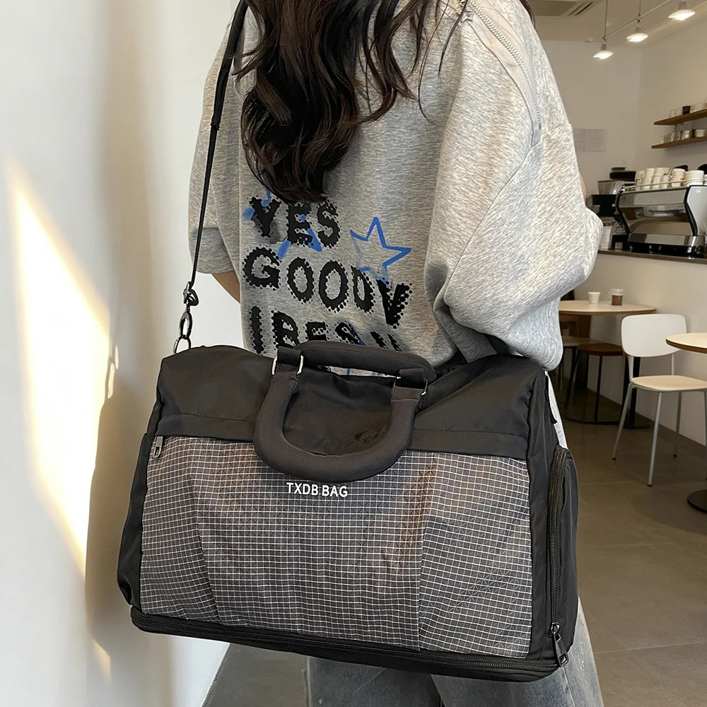 Duffle Bag Travel Handbag Detachable Shoulder Strap Grid Splicing Expandable Storage Bag for Weekend Trip Sightseeing Outing