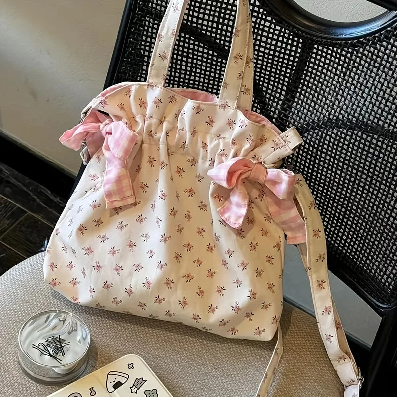 Floral Print Handbag with Adjustable Shoulder Strap and Bow Decoration - Versatile Crossbody Bag
