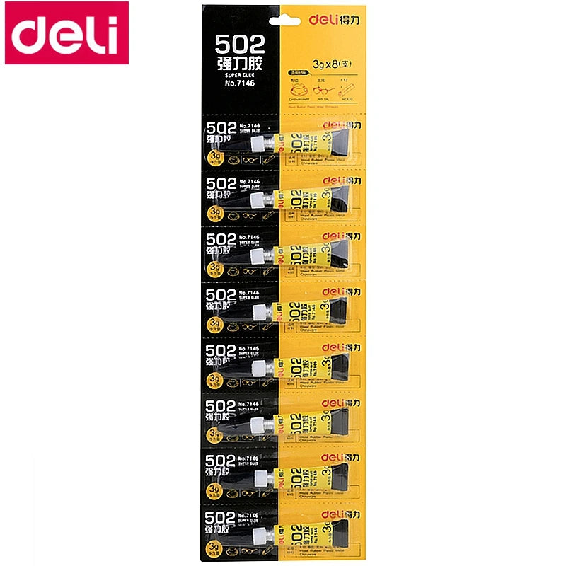8PCS/CARD Deli 7146 3g Super Glue 502 Fast Dry Glue Strong Glue Suitable Wood Plastic Metal Rubber Eramics Materials