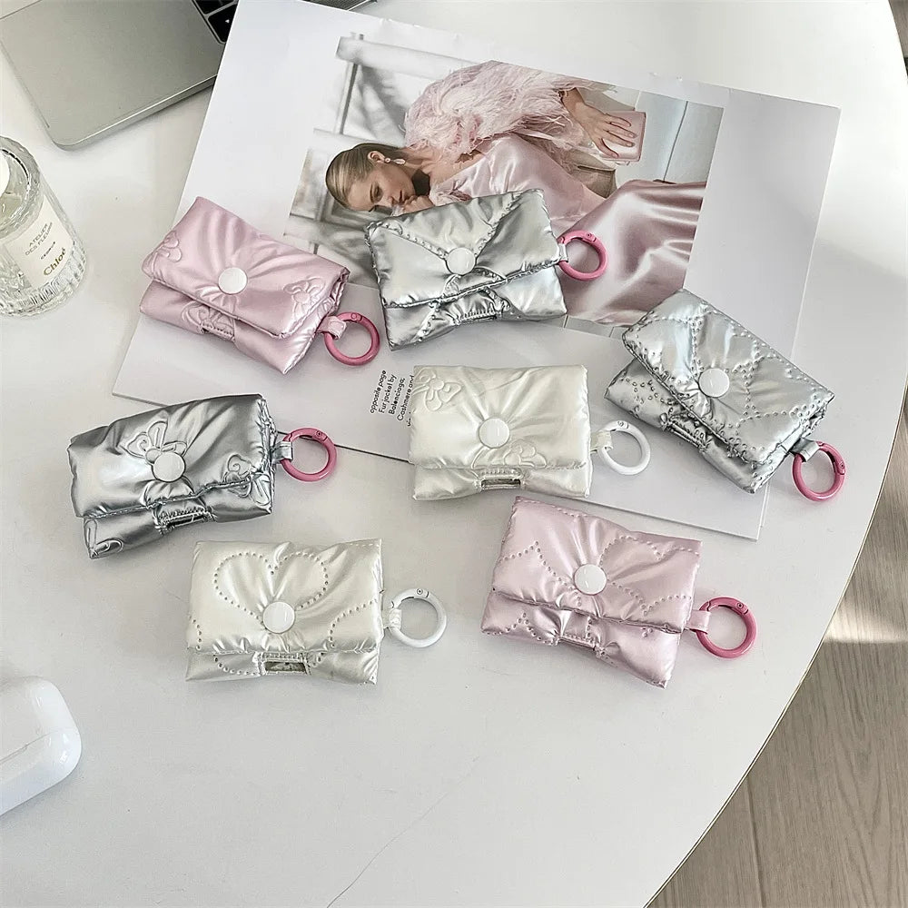 New Cute Heart Earphone Bag for Women Soft PU Leather Bow Headphone Storage Bag Silver Bluetooth Headset Earphone Case Gifts