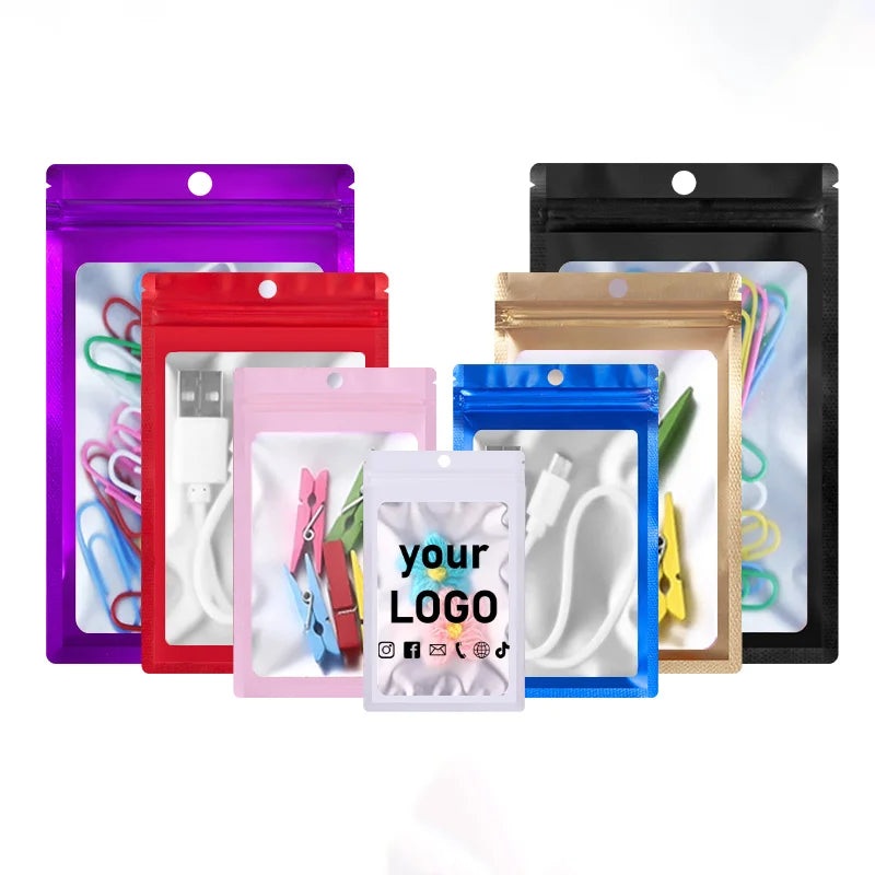 100 Colorful Aluminum Foil Ziplock Bags for Jewelry Storage, Matte Bags, Sealed Gift Packaging Bags, Printed Logo