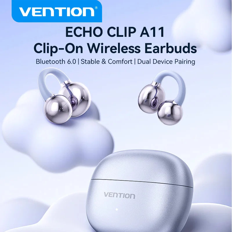 Vention ClipBuds Open-Ear Wireless Headphones Bluetooth 6.0 with 4 Mic Clear Call, Earbuds Clip on Earphones 25H Playtime