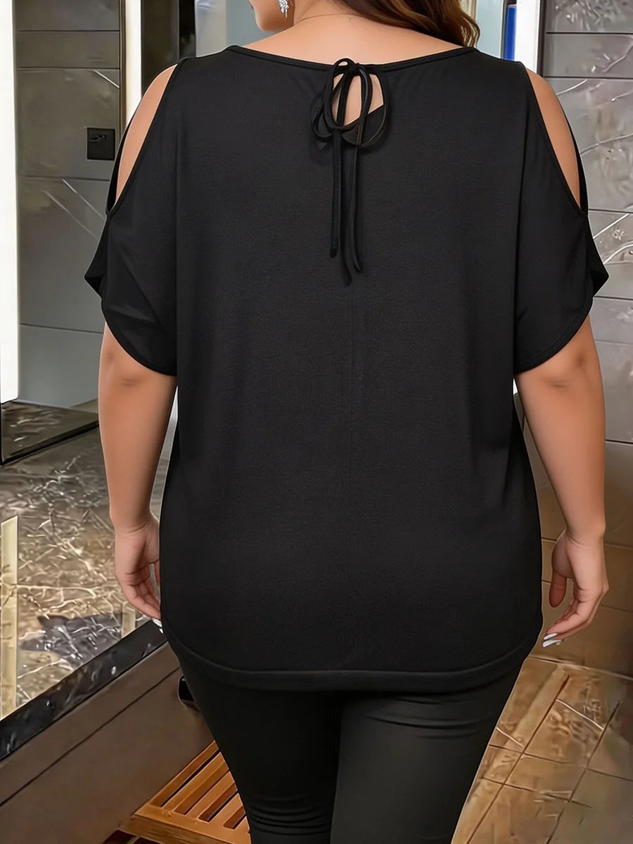 Plus Size Women Off Shoulder Tee U Neck Cap Sleeve Cut Out Vest Tunic Loose Fit Basic Chic Ladies Wear Spring Summer Daily Top