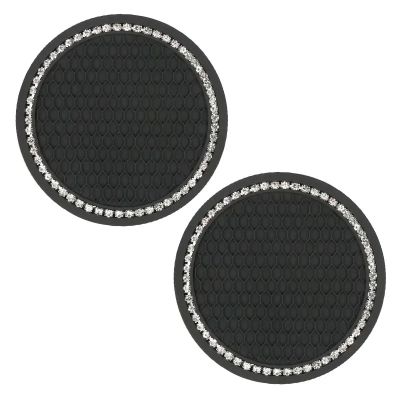 Car Coasters, Universal 2 Pcs Car Coasters for Women Bling Car Accessories, Silicone Anti Slip Crystal Car Cup Holde
