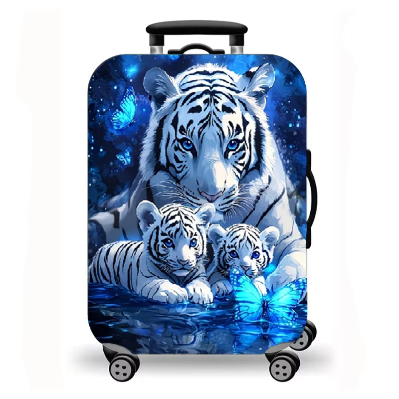 Luggage Cover, Fantasy Wolf Lion Tiger Fire Ice Print Stretch Suitcase Protector, Washable Anti-Scratch Travel Baggage Cover