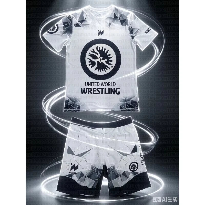 2026 New Summer Men Kid United World Wrestling Sportswear Set Short Sleeve T Shirt and Shorts for MMA Training Lightweight