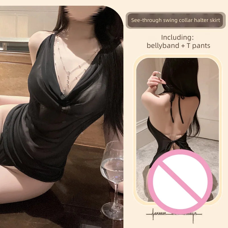 Pure Desire Halter Neck Mesh Swing Collar Beautiful Breasts Halter Sexy Nightdress Sexy Temptation Mesh See-through Pajamas