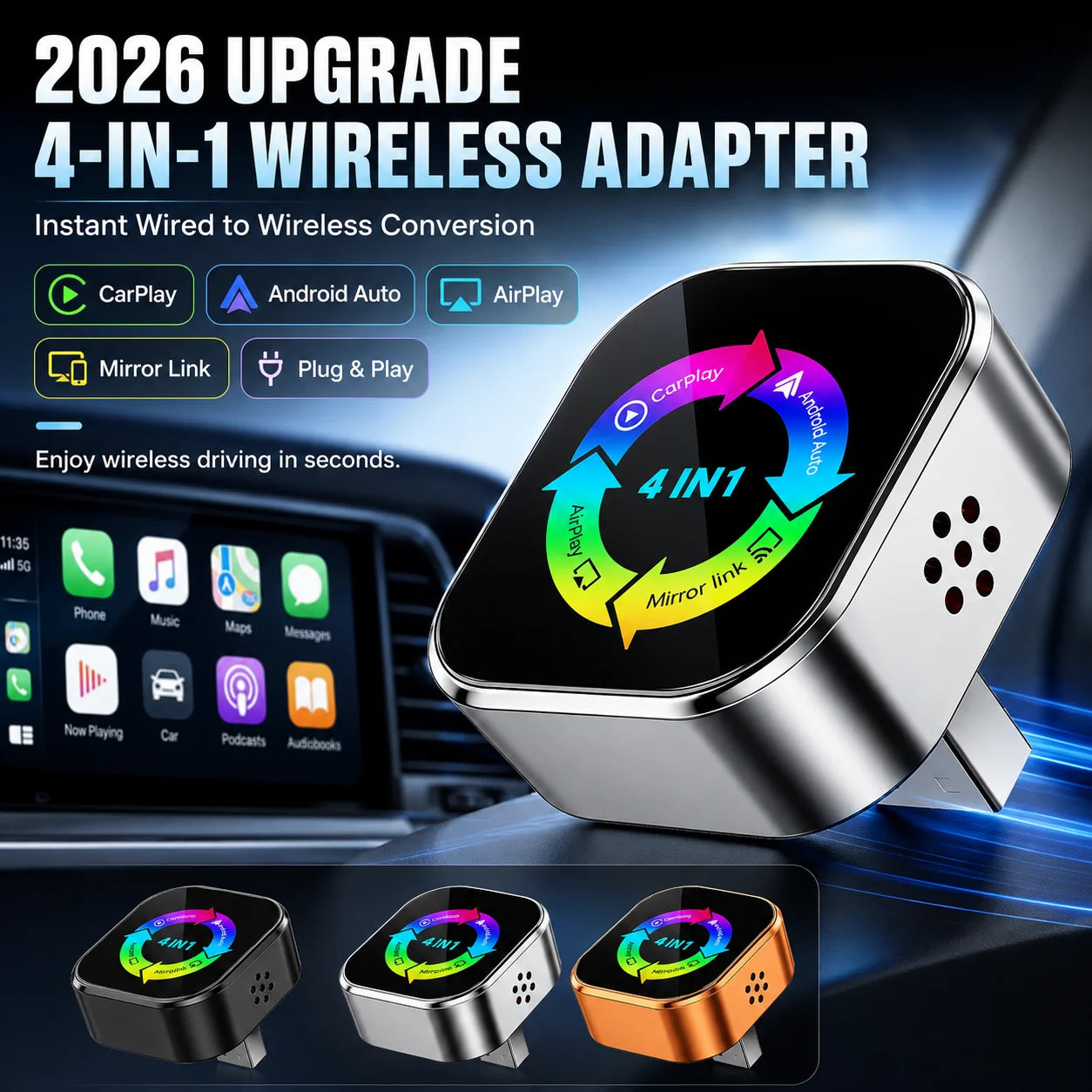2026 Upgrade 4in1 Wireless Carplay Mirror Link Adapter Instant Wired to Wireless Conversion Plug & Play for Wired Carplay
