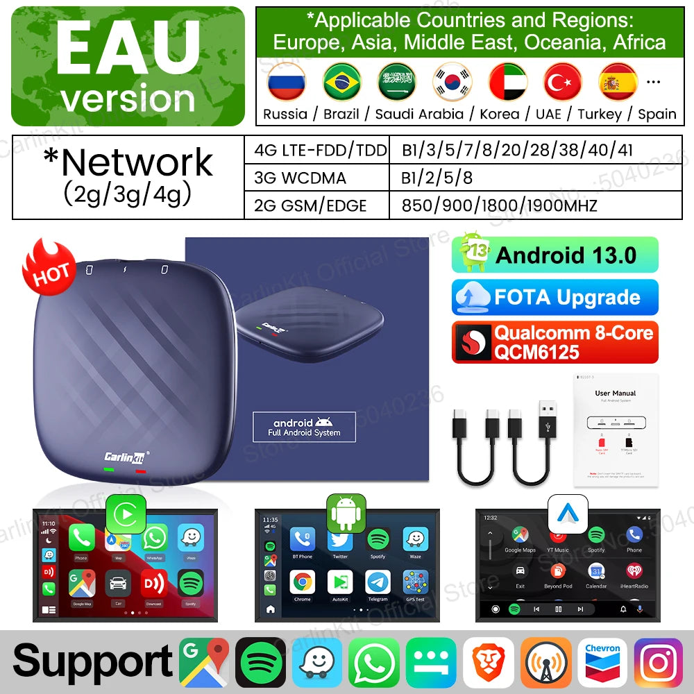 2026 CarlinKit CarPlay AI Box Android 13.0 SM6225 8-Cores Android Auto Wireless CarPlay Adapter 2.4+5GGPS 64G 128G FOTA Upgrade