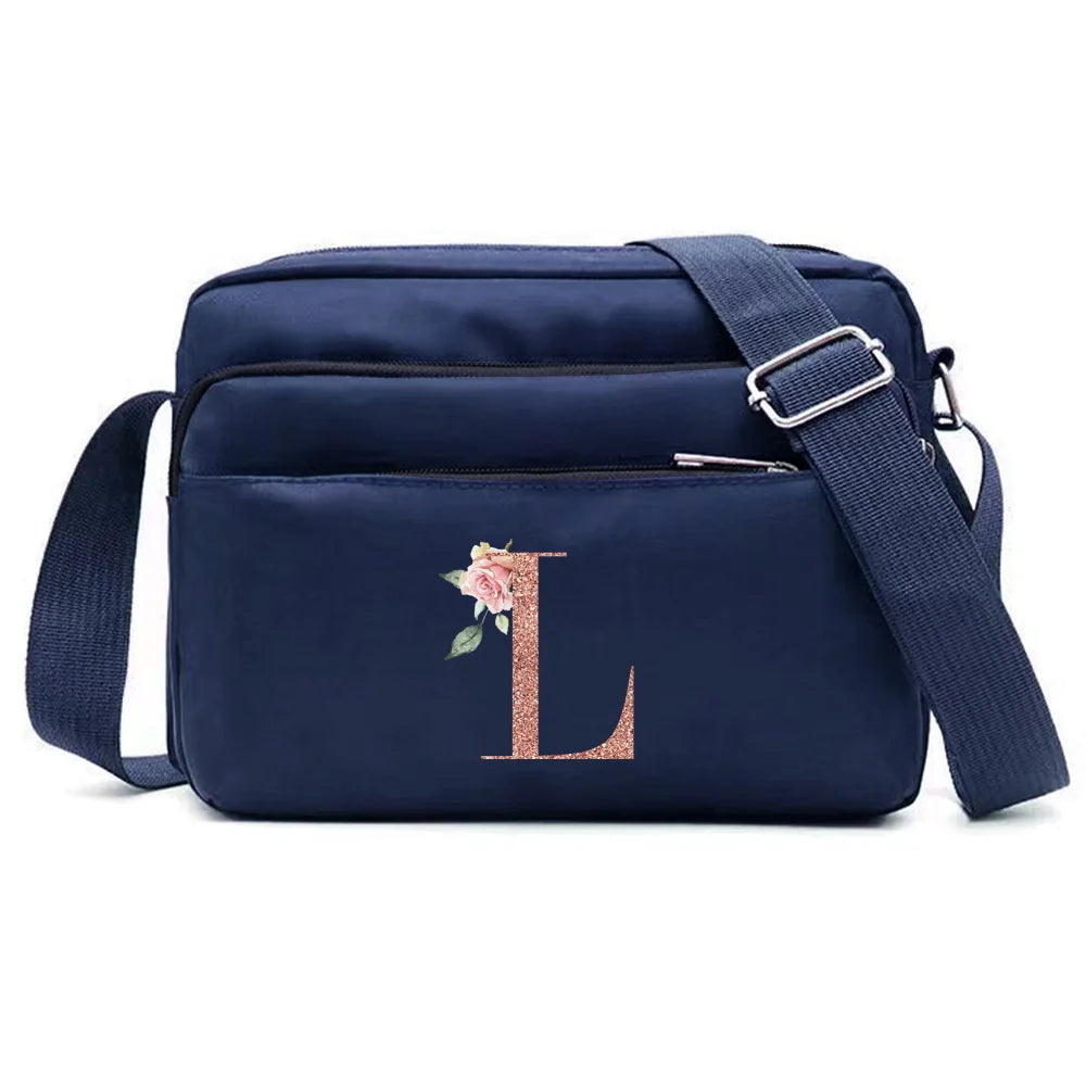 Large Capacity Travel and Commuting Storage Blue Bag Rose Gold Series Print Pattern Multi-layer One Shoulder Crossbody Bag