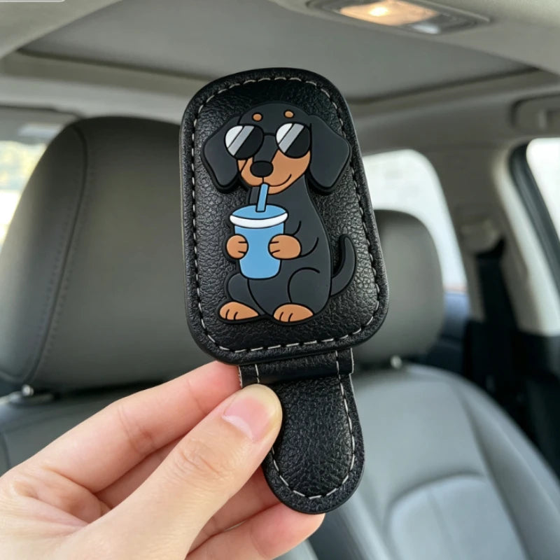 Car Sun Visor Sunglasses Clip Cute Dachshund Dog Cup Leather Glasses Holder Auto Eyeglasses Storage Car Accessories
