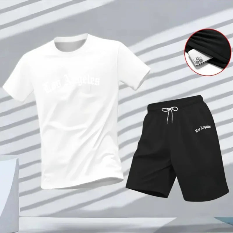 Men's Los Angeles Letter Print Tracksuit 2-Piece Set O-Neck Short Sleeve Shirt And Shorts plus Size Running Suit