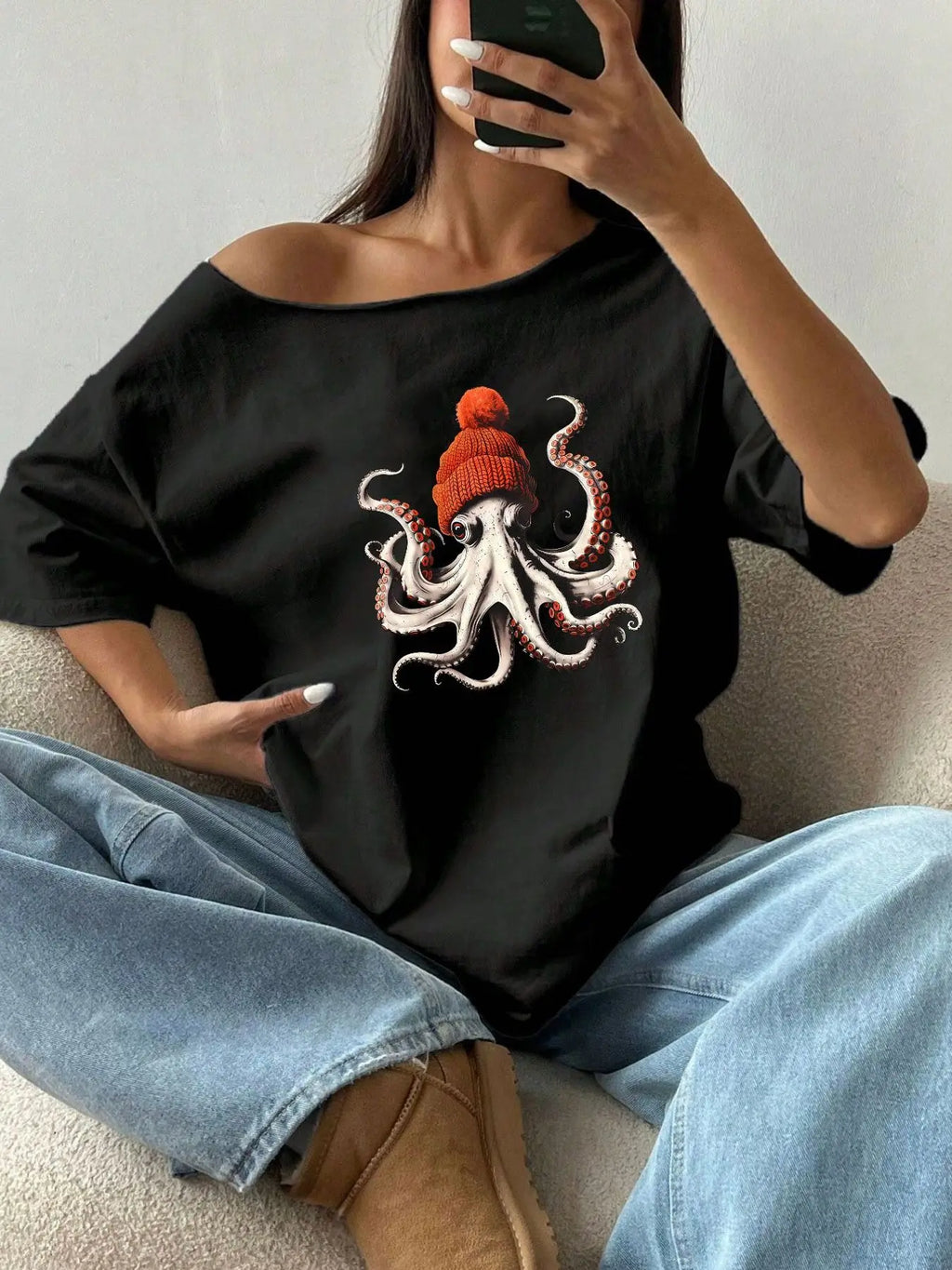 100% Cotton Plus Size Octopus Beanie Graphic Print Shoulder Loose Print T-Shirt Oversized Y2K Style Graphic Tees Women Tops S