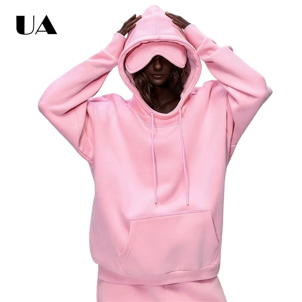 ULBYANRY 2026 Spring New Plush Hoodies with Eye Mask Trendy Hooded Sweathshirt Warm Cozy Commuting Unisex Loose Fit Sweatshirt