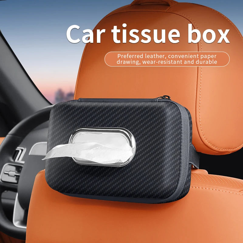 Car Tissue Holder for Back Seat Headrest, PU Leather Tissue Box with Elastic Strap, Fits Armrest Also No Damage Installation