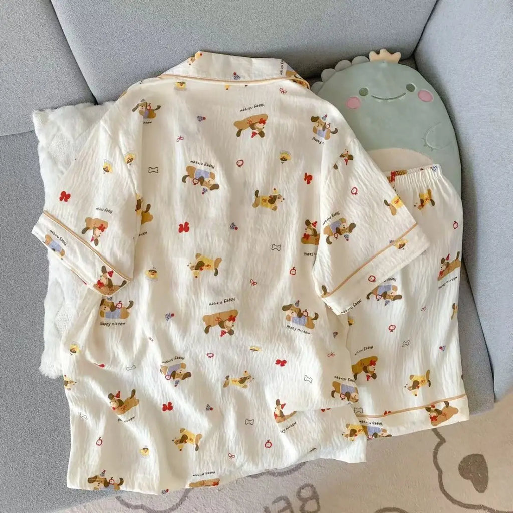 Summer Pajamas for Women, Thin Style with Puppy Pattern, Short-Sleeved Shorts, Sweet and Cute, Can Be Worn Outside in Summer, Home Wear Set, Two-Piece Set