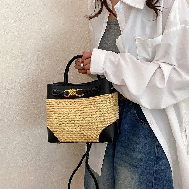 Women Contrasting Color Woven Handbag PU Splicing Gold Belt Bucket Cross body Bag French Elegant Vacation Style Travel Bags