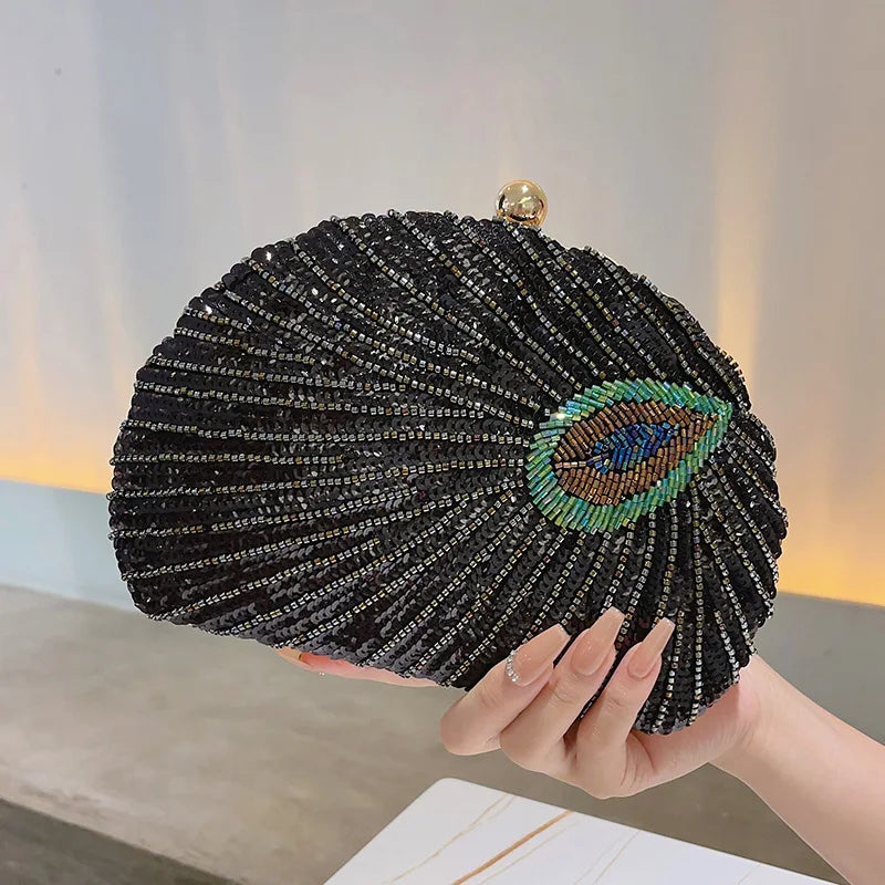 Retro Beaded Sequin Half Moon Evening Bag Women Fan Shaped Clutch Wedding Purse Boutique Party Crossbody Shoulder Handbag Bolsa