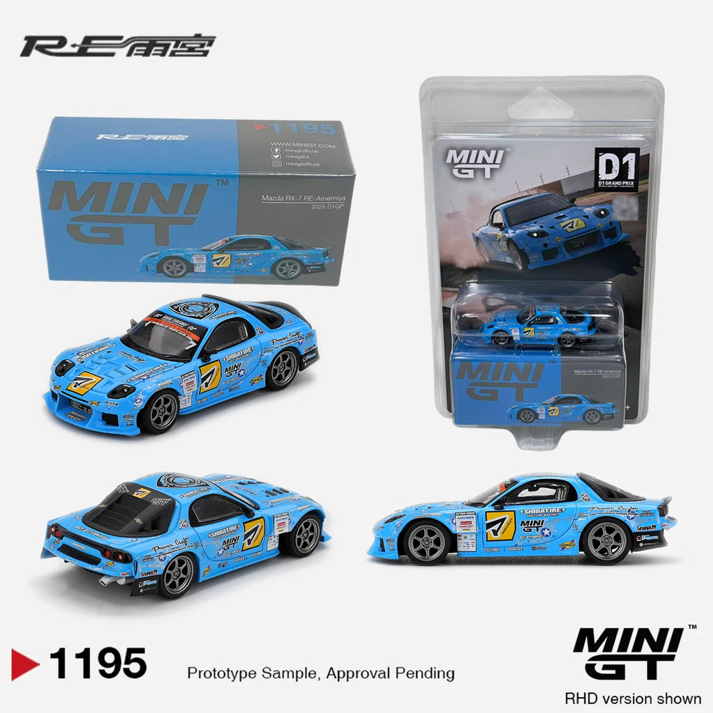 MiniGT 1:64 Mazda RX-7 RE-Amemiya 2025 D1GP Drift Diecast Car MGT01195 Light Blue Full Sponsor Livery RHD Drift Model in Stock