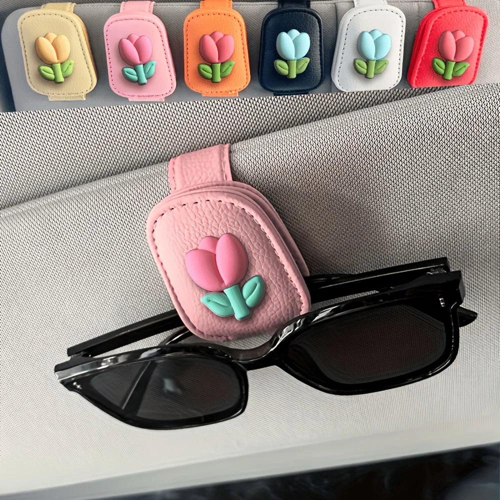 1pc Tulip Flower Car Sunshade Glasses Clip, Fashionable Sunglasses Magnetic Clip Bracket, Women'S Car Interior Additions
