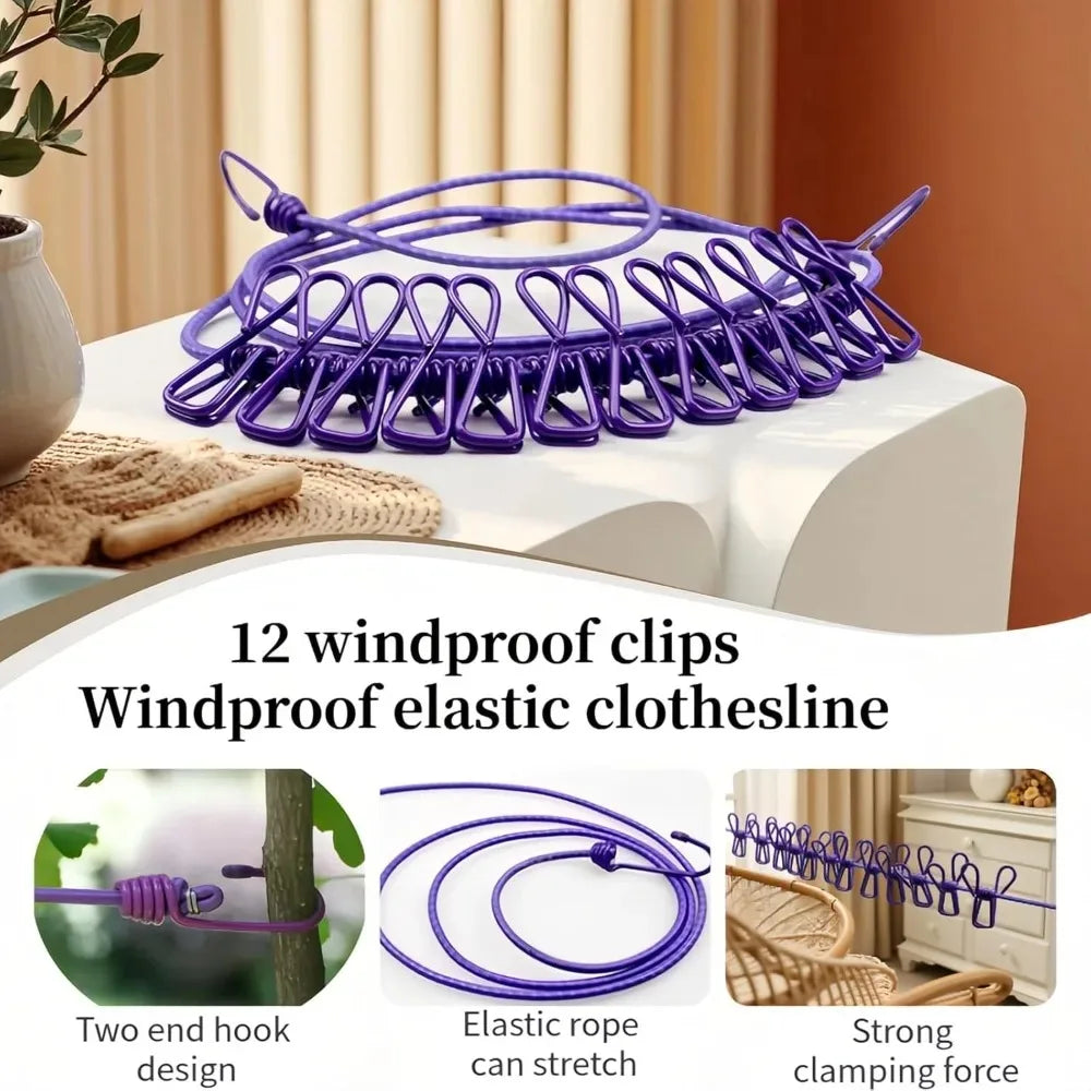 12 Non Slip Clips Windproof Elastic Travel Clothesline with Hook for Outdoor Camping Beach Dormitory RV Portable Drying Tools