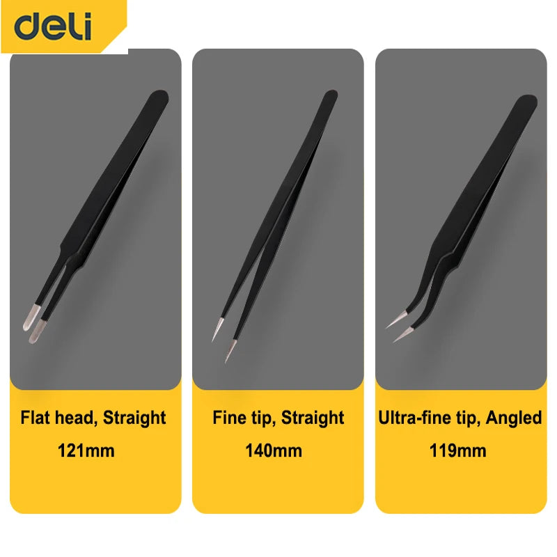 Deli 3 PCS Precision Tweezers Set ESD Anti Static Stainless Steel Tweezers Repair Tools for Electronics Repair Soldering Craft