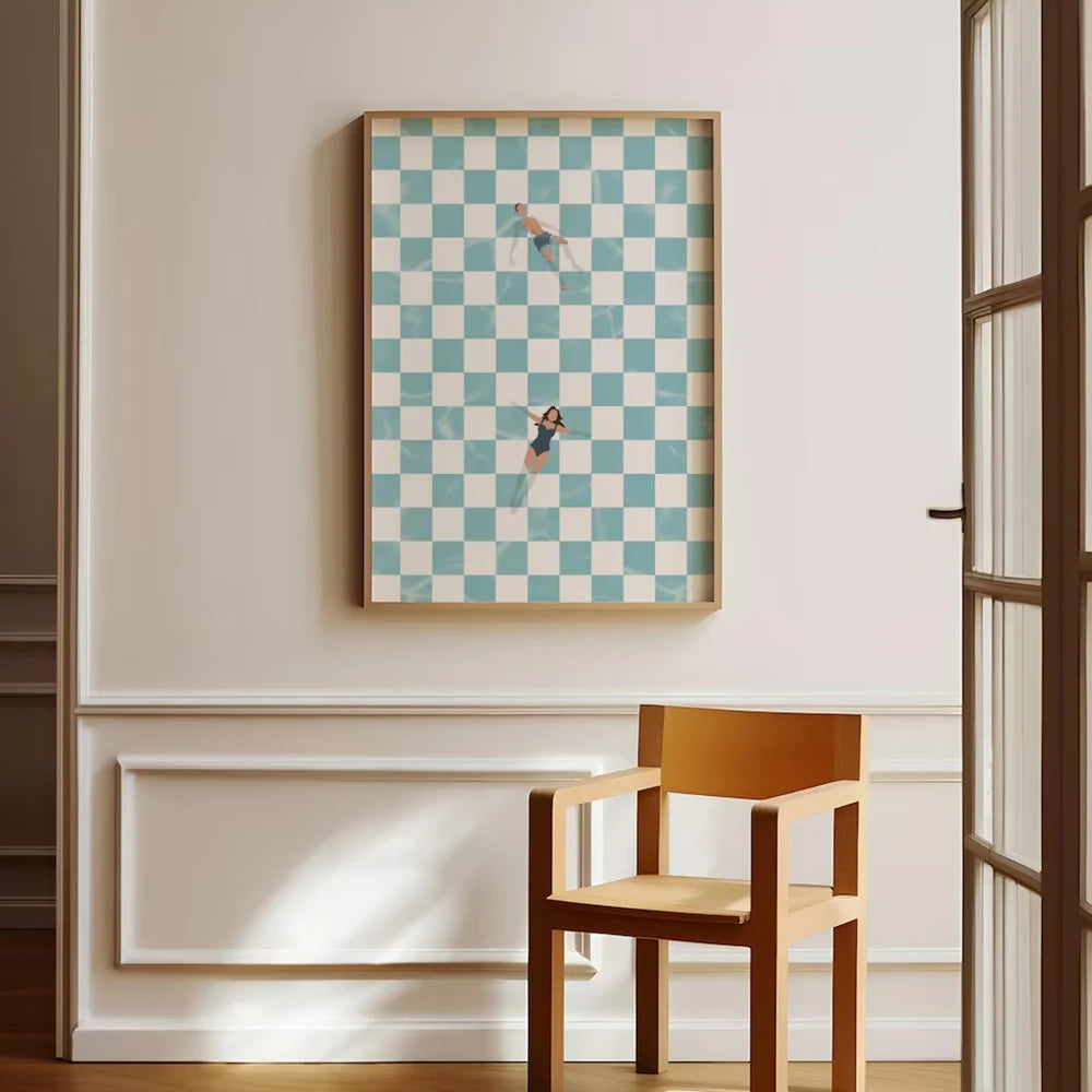 Modern Trendy Retro People At Pool Checker Board Prints Canvas Painting Poster Picture For Kitchen Living Room Home Decor