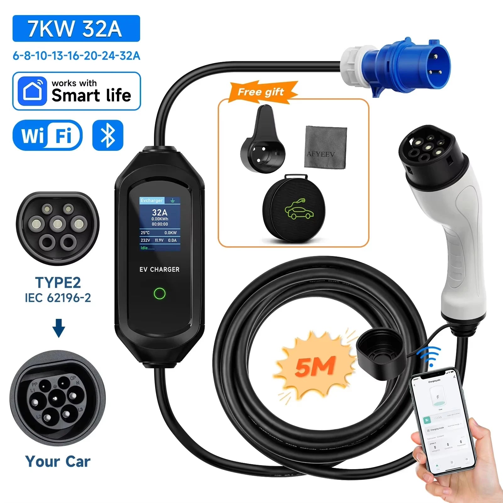 AFEEV 7KW Type2 IEC 62196-2 Portable EV Charger 32A Type1 SAE J1772 Wallbox GB/T Fast Charging Cable CEE Plug WiFi APP Control