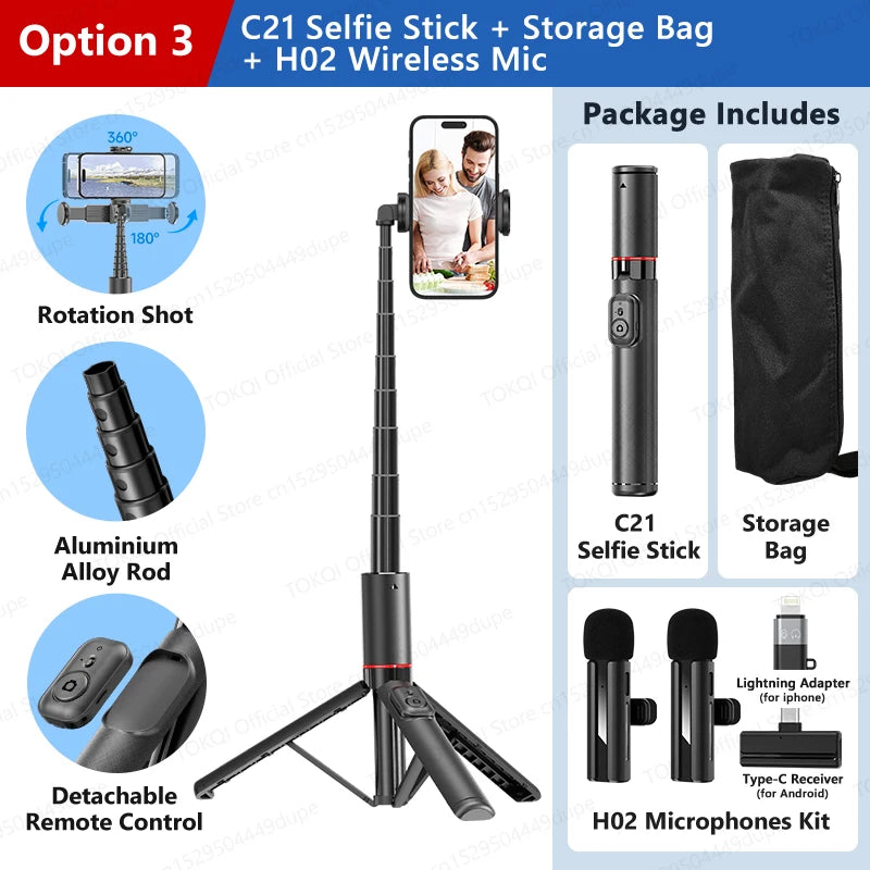 C21 Selfie Stick Stable Tripod with Bluetooth wireless Remote for IPhone Android Mobile Phones Shooting Video, Hidden Phone Clip